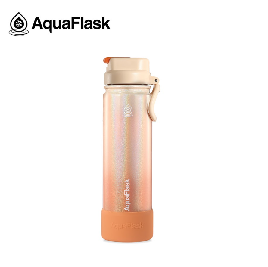 Glitrende Aquaflask vandflaske i beige og orange med låg og håndtag, termoflaske, drikkedunk, creme
