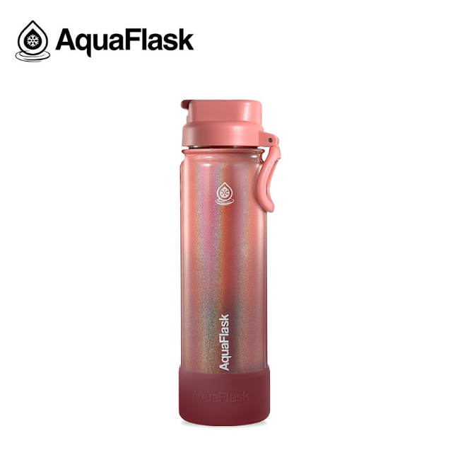 Lyserød AquaFlask vandflaske med låg og håndtag, glitrende overflade, bordeaux, rosa, terracotta, terrakotta, brun, fade, mørkerød