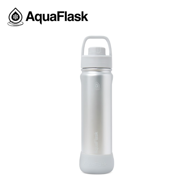 Hvid og sølv AquaFlask termoflaske med håndtag og låg, drikkedunk, skinner, shiny, 650 ml