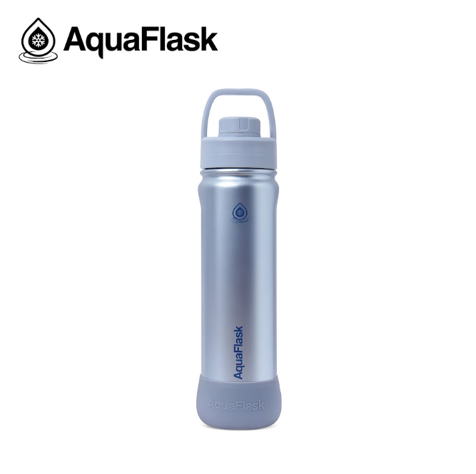 AquaFlask termoflaske i sølv med blå låg og bund, 650 ml, blåt, drikkedunk, shiny, skinner
