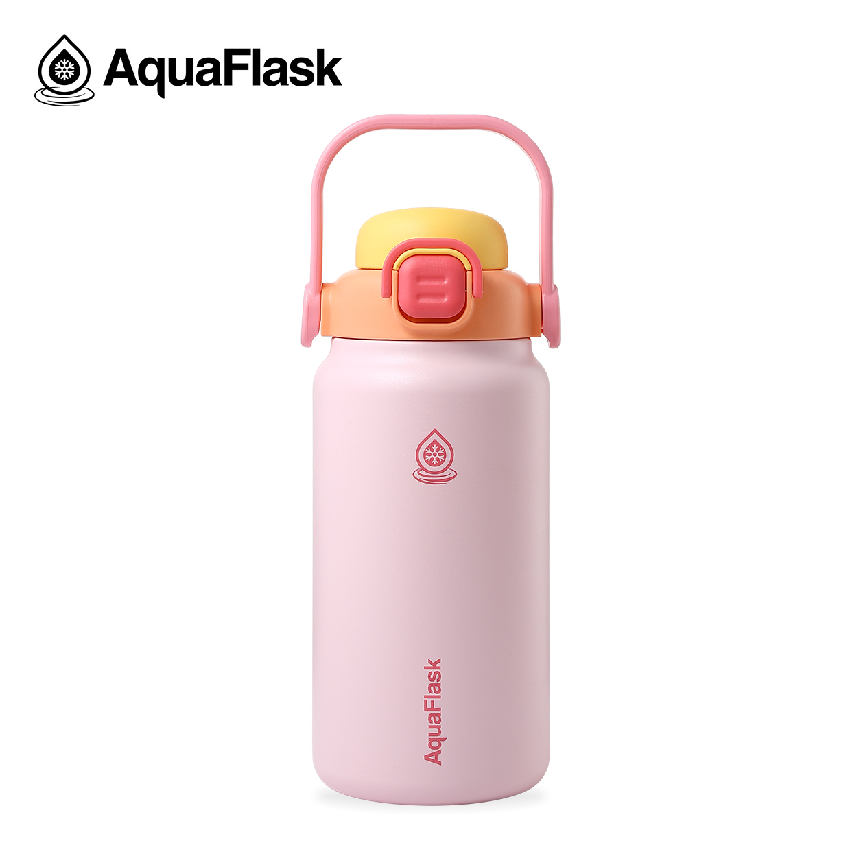 Lyserød Aquaflask termoflaske med håndtag og låg, pastel farver og logo, drikkedunk, drikkeflaske, aquaflask, tud, straw, gul, lyserød, pink, rosa