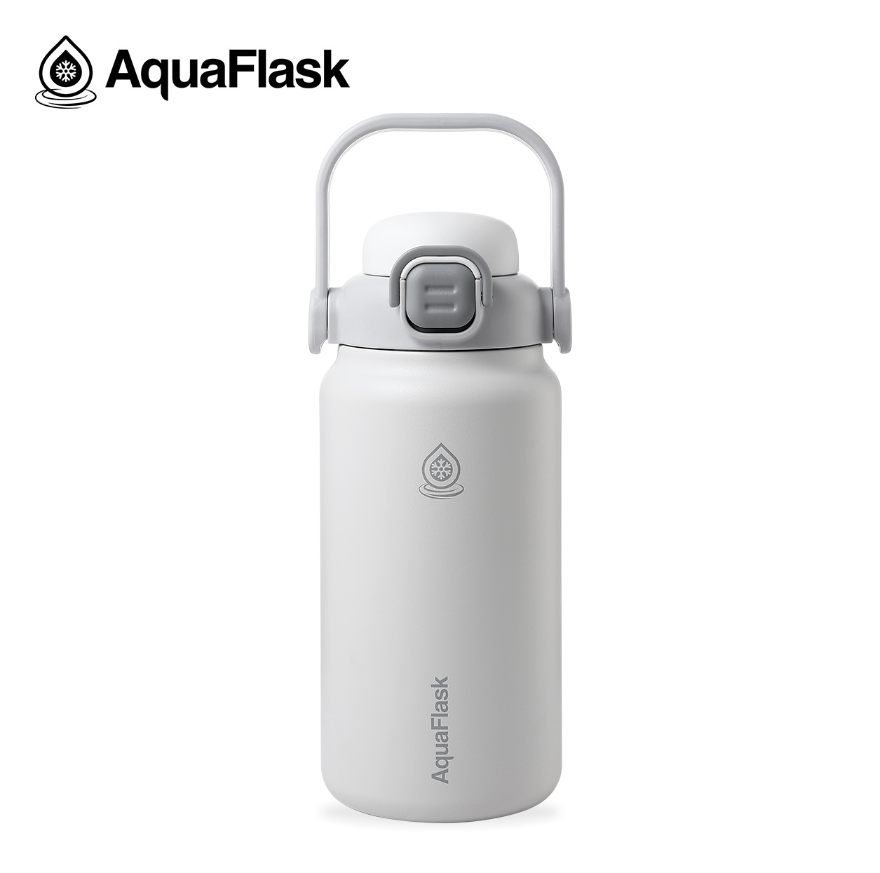 Hvid Aquaflask vandflaske med håndtag og grå låg, logo, Aquaflask termoflaske med håndtag og låg og logo, drikkedunk, drikkeflaske, aquaflask, tud, straw, hvid, cream, creme, grå, lysegrå