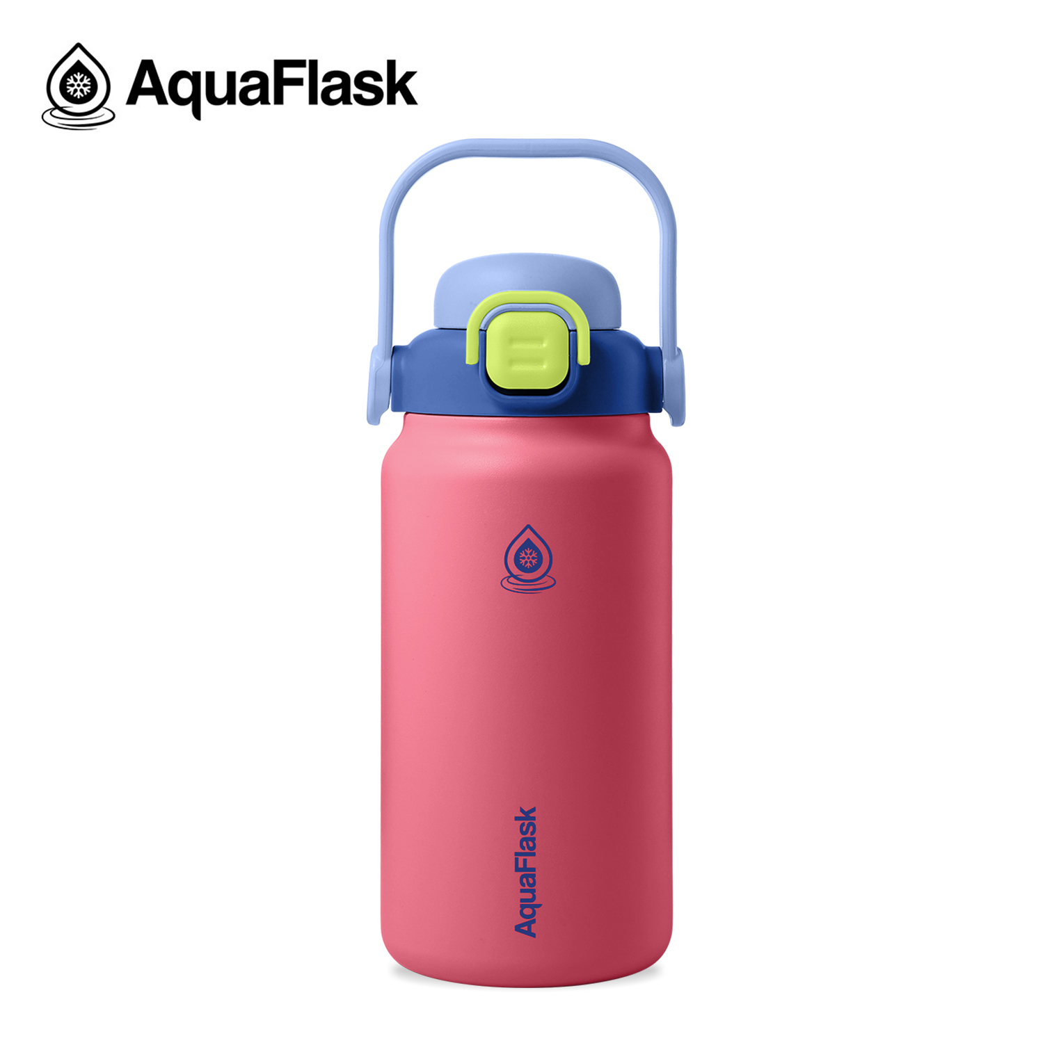 Lyserød Aquaflask vandflaske med blå håndtag og grøn lås, termoflaske med håndtag og låg, pastel farver og logo, drikkedunk, drikkeflaske, tud, straw, pink, rosa, blå