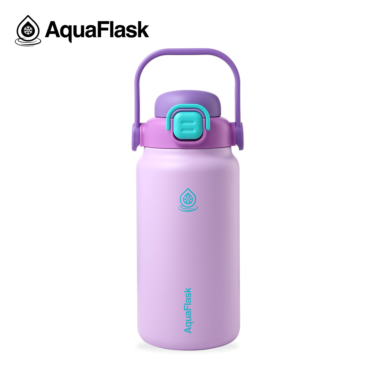 Lilla Aquaflask vandflaske med håndtag og teal lås, logo, Aquaflask termoflaske med håndtag og låg, pastel farver og logo, drikkedunk, drikkeflaske, aquaflask, tud, straw, grøn, lavendel