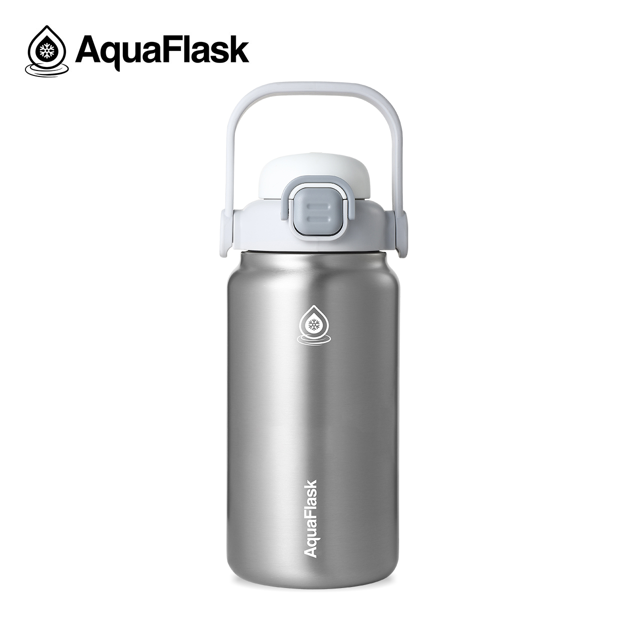 Sølvfarvet Aquaflask vandflaske med hvidt låg og bærehåndtag, logo, silver, Aquaflask termoflaske med håndtag og låg, logo, drikkedunk, drikkeflaske, aquaflask, tud, straw, grå, hvid, spacy, robot