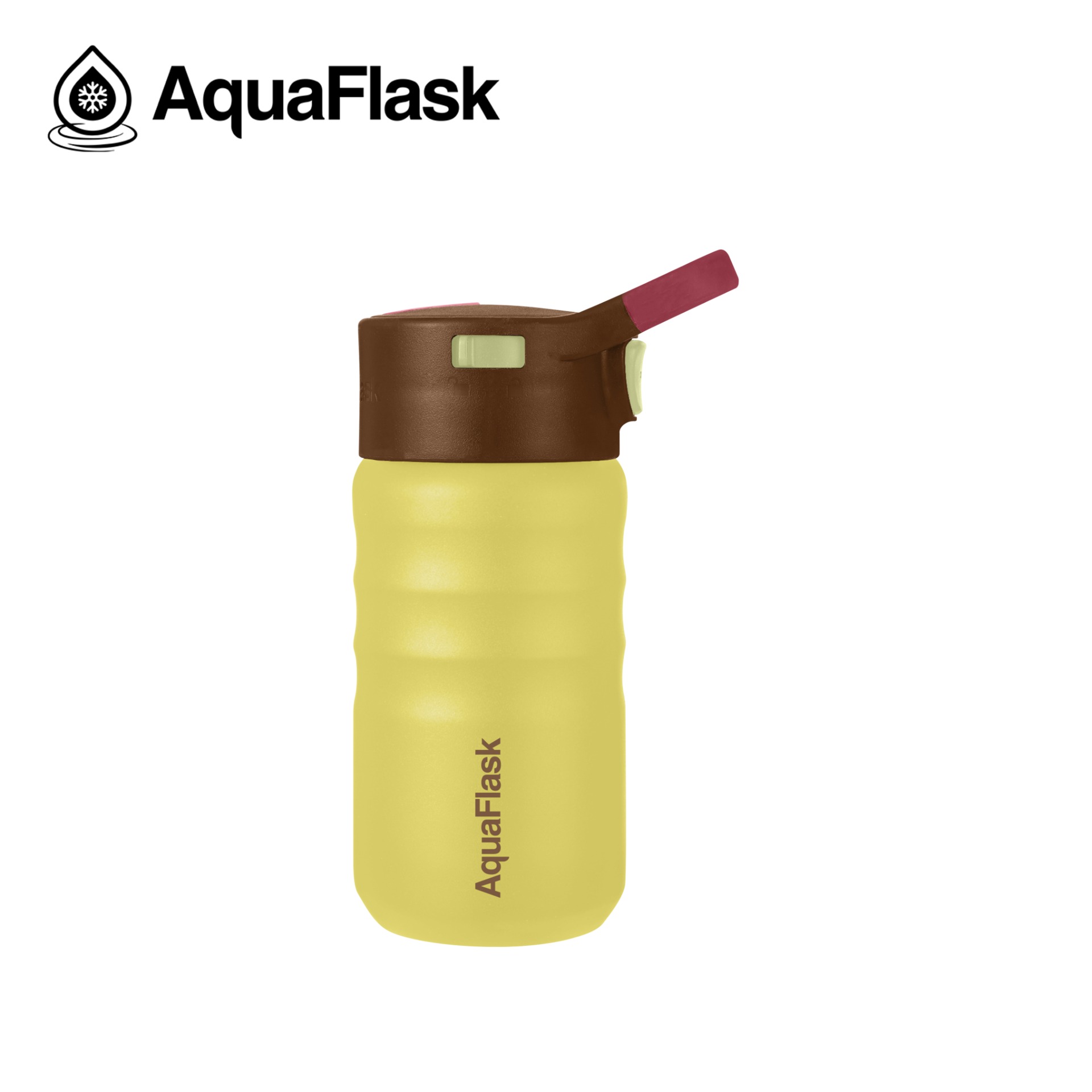 Drikkeflaske i gul, Aquaflask, drikkedunk, termoflaske, drikkeflaske, brun, lemon, gul, drikketud, tud