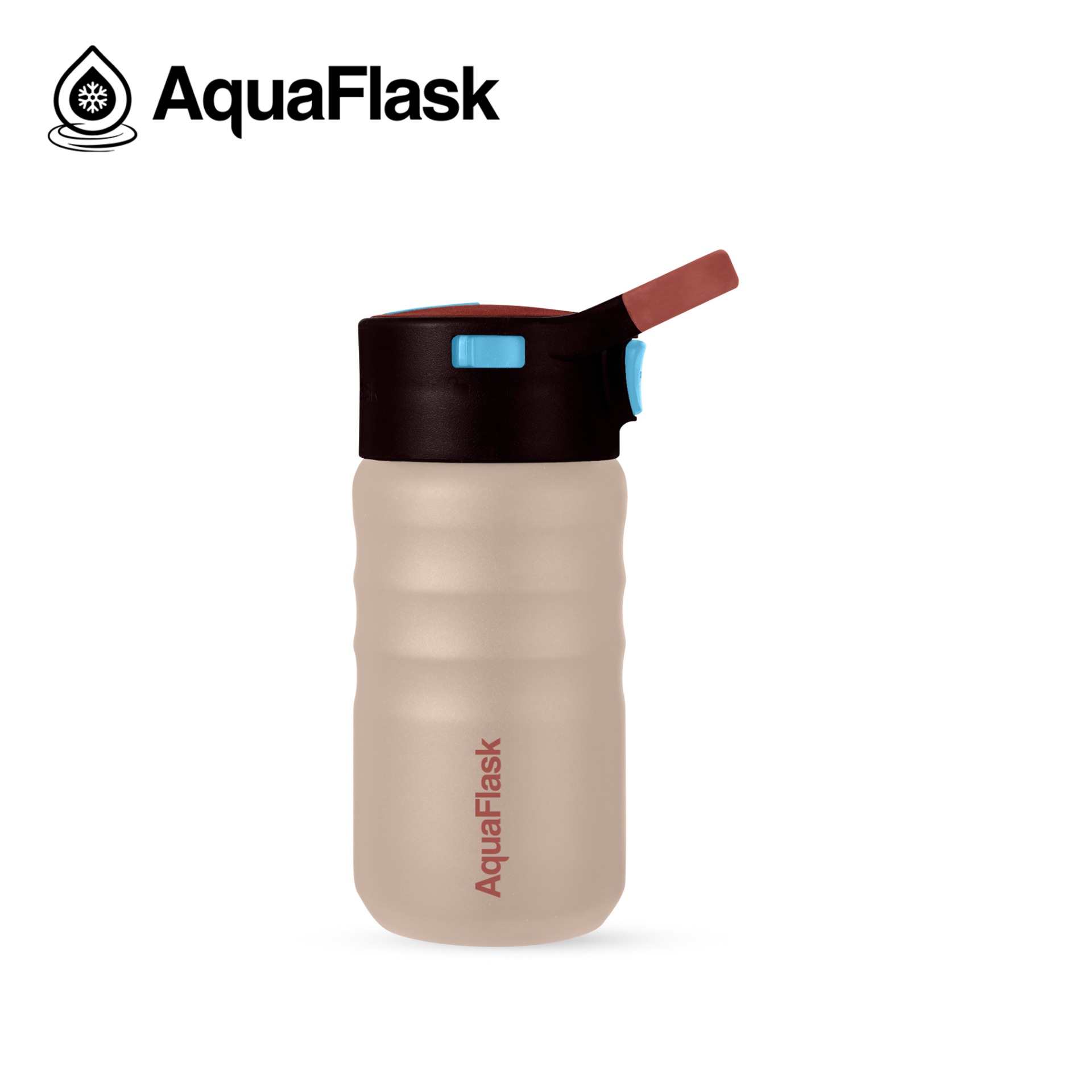 Drikkeflaske i creme, Aquaflask, drikkedunk, termoflaske, drikkeflaske, drikketud, tud, brun, cremefarvet, mokka, blå