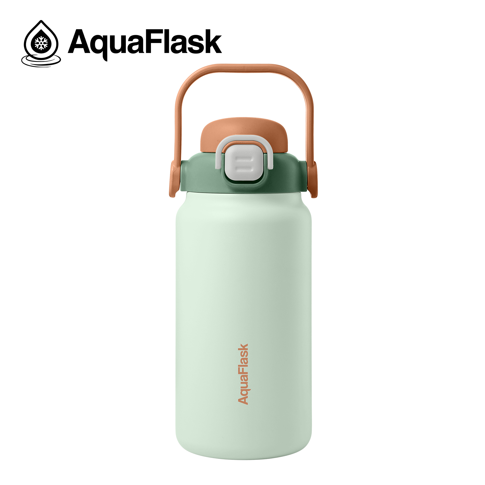 AquaFlash logo og en mintgrøn termoflaske med brunt håndtag og låg