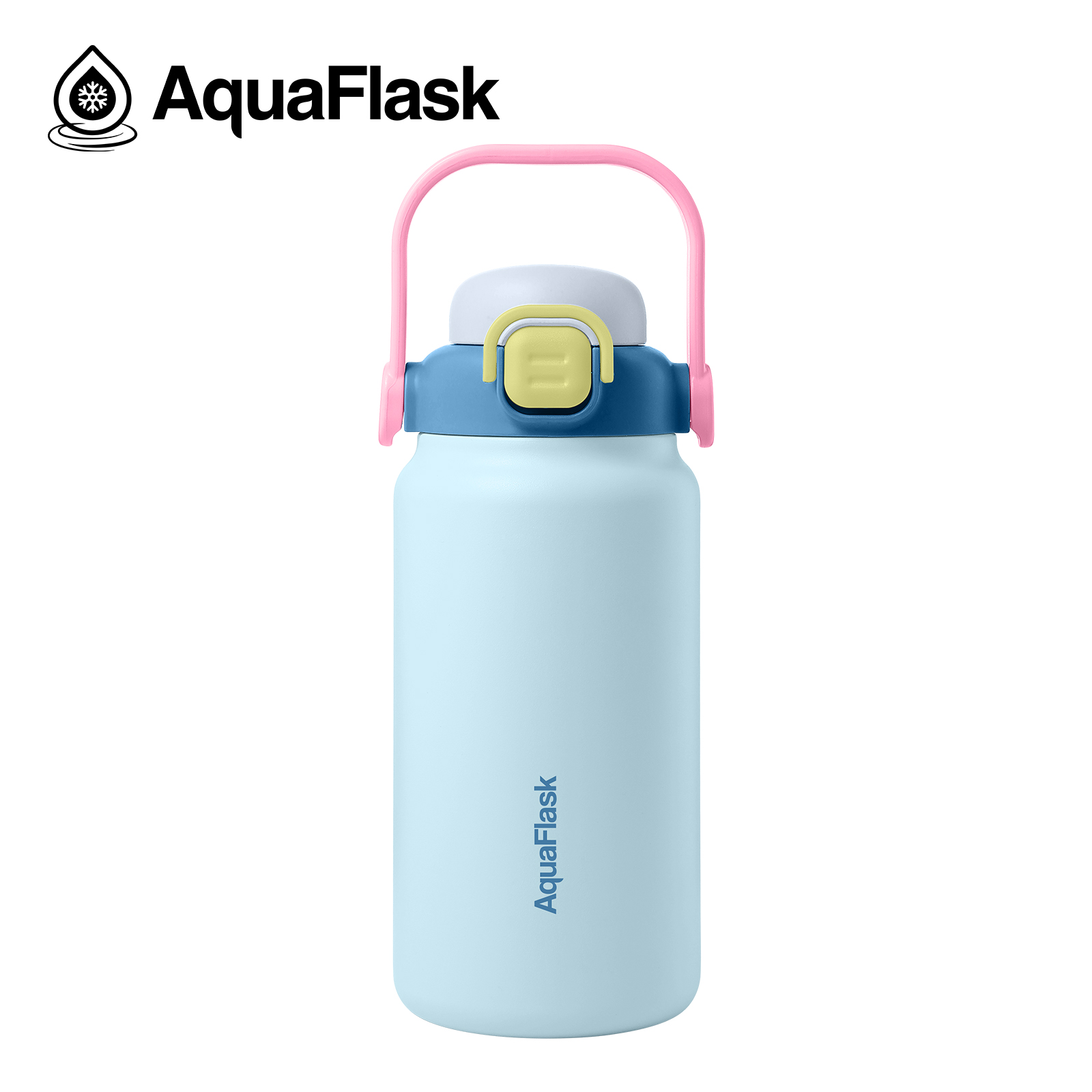 Aquaflask vandflaske med lyserødt håndtag, blå låg og logo.